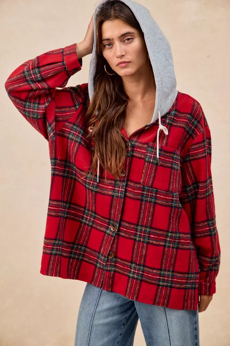 Brushed Plaid Hooded Jacket