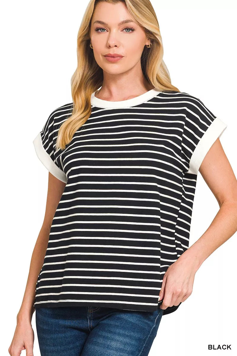 Full Size Contrast Trim Cap Sleeve Stripe Tee Plus Size