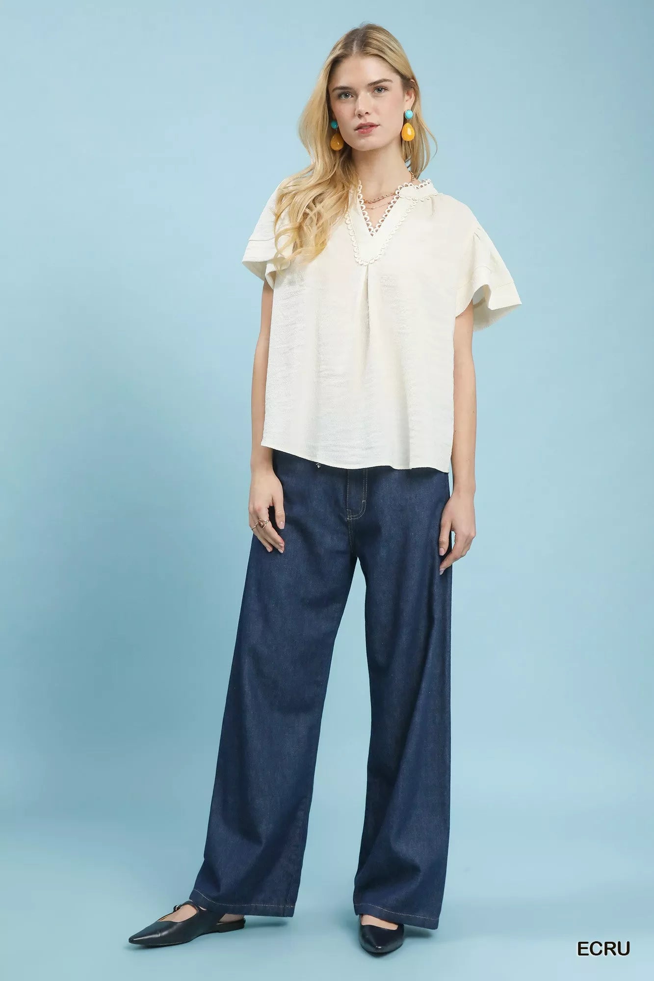 Seersucker Short Sleeve Top with Lace Trim