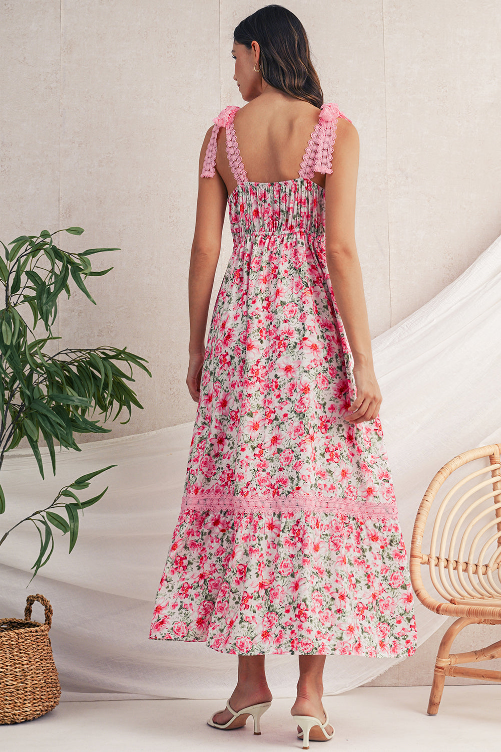 Green Floral Lace Tied Strap Empire Waist Maxi Dress