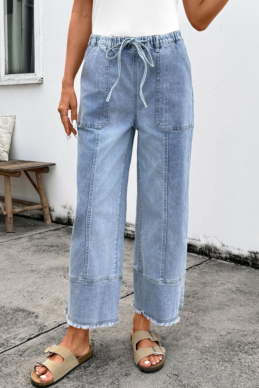 Beau Blue Drawstring Seam Detail Raw Hem Wide Leg Denim Pants - Loving It Shop