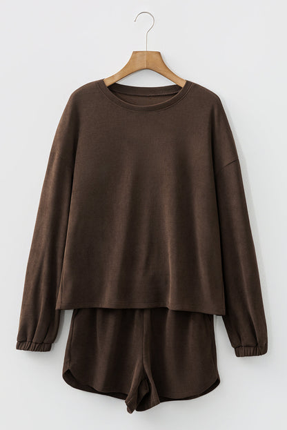 Dark Brown Solid Color Textured Knit Drop Shoulder Pullover Drawstring Shorts Set