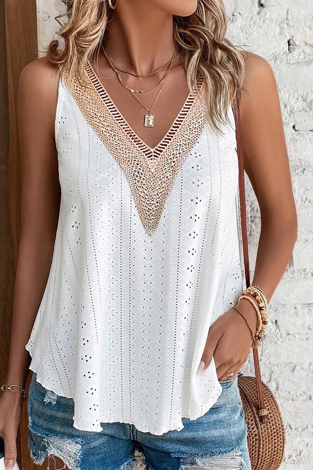 White Lace Crochet Splicing V Neck Loose Fit Tank Top - Loving It Shop