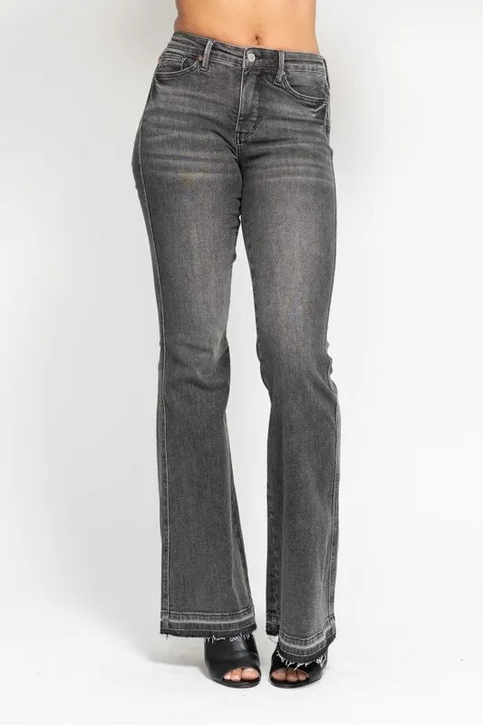 Full Size Mid Rise Tummy Control Washed Gray Release Hem Flare Jeans Plus Size
