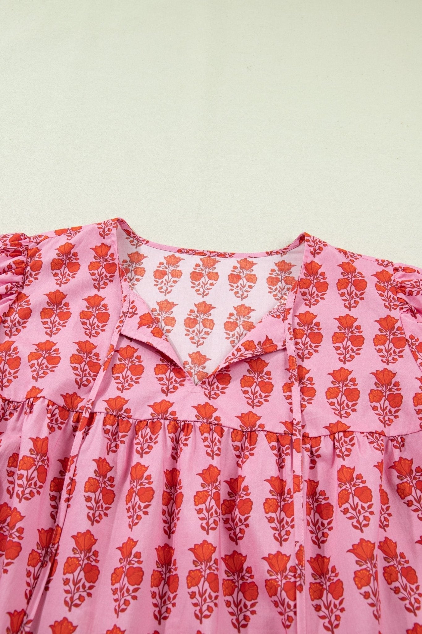 Pink Plus Size Floral Print Tassel Tie Puff Sleeve Cotton Blouse - Loving It Shop