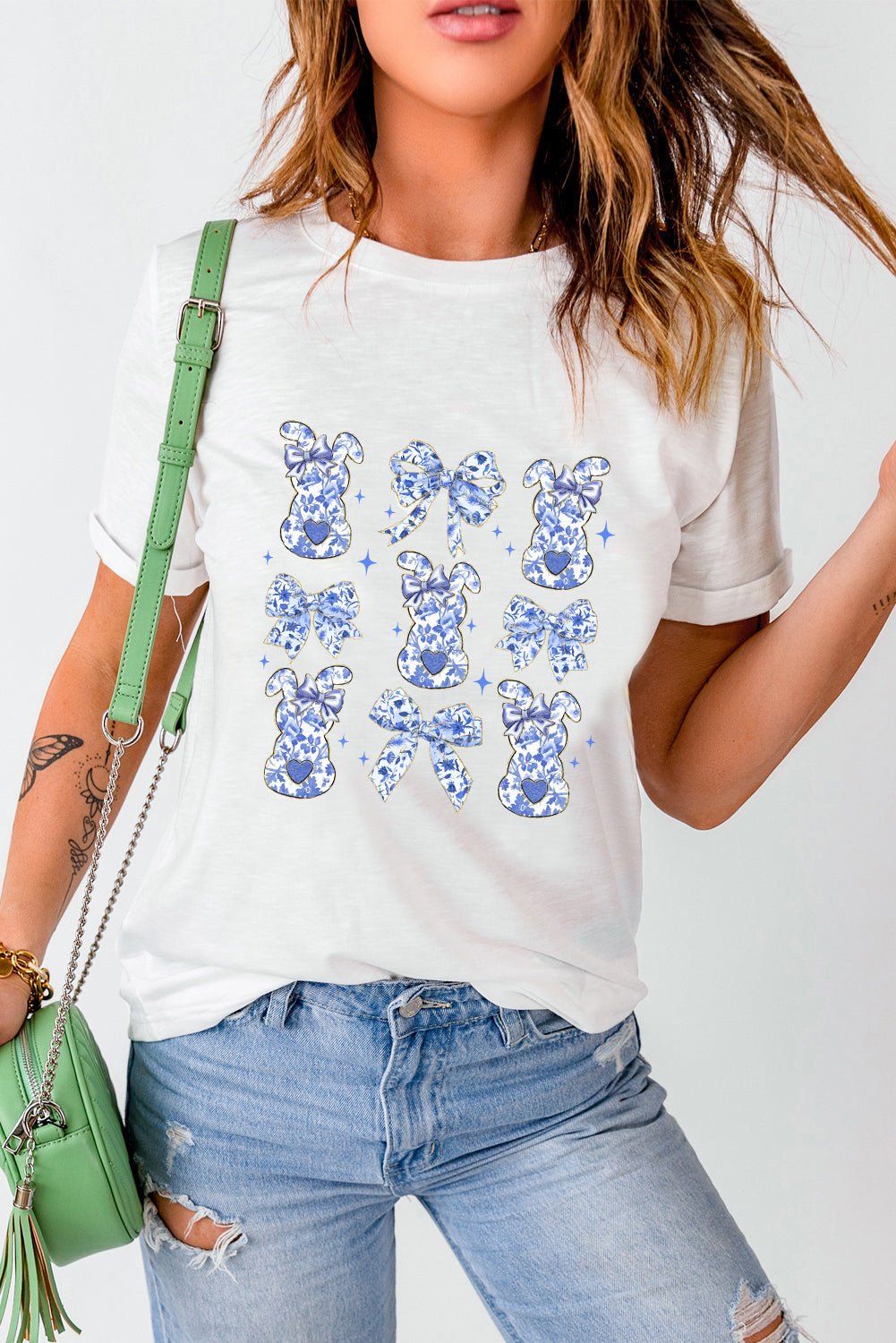 White Bowknot Bunny Graphic Easter Fashion T Shirt - Loving It Shop