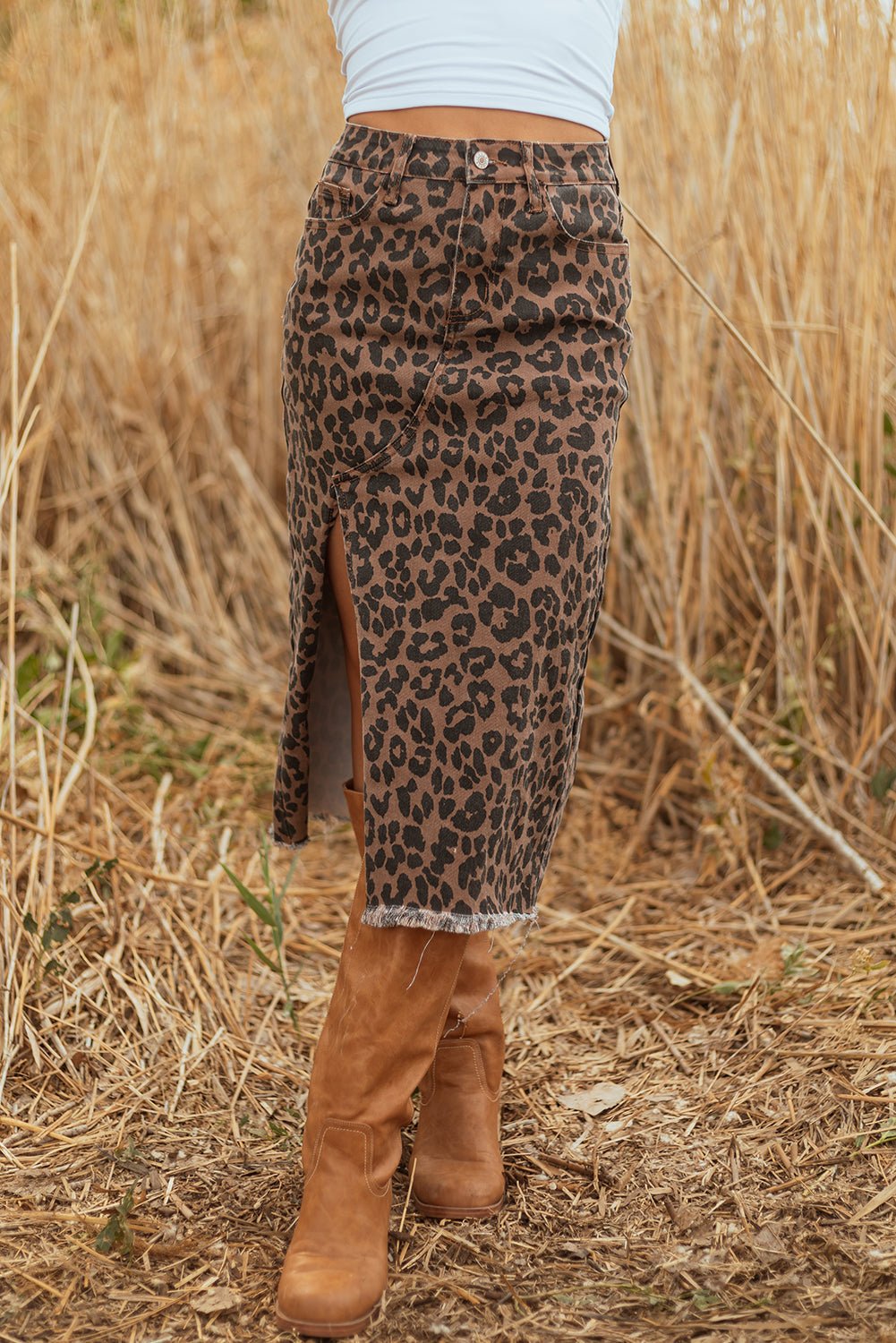 Brown Leopard Denim Frayed Split Denim Midi Skirt - Loving It Shop
