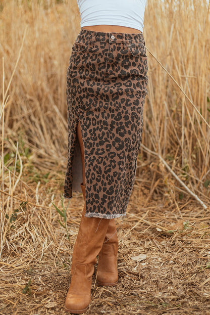 Brown Leopard Denim Frayed Split Denim Midi Skirt - Loving It Shop