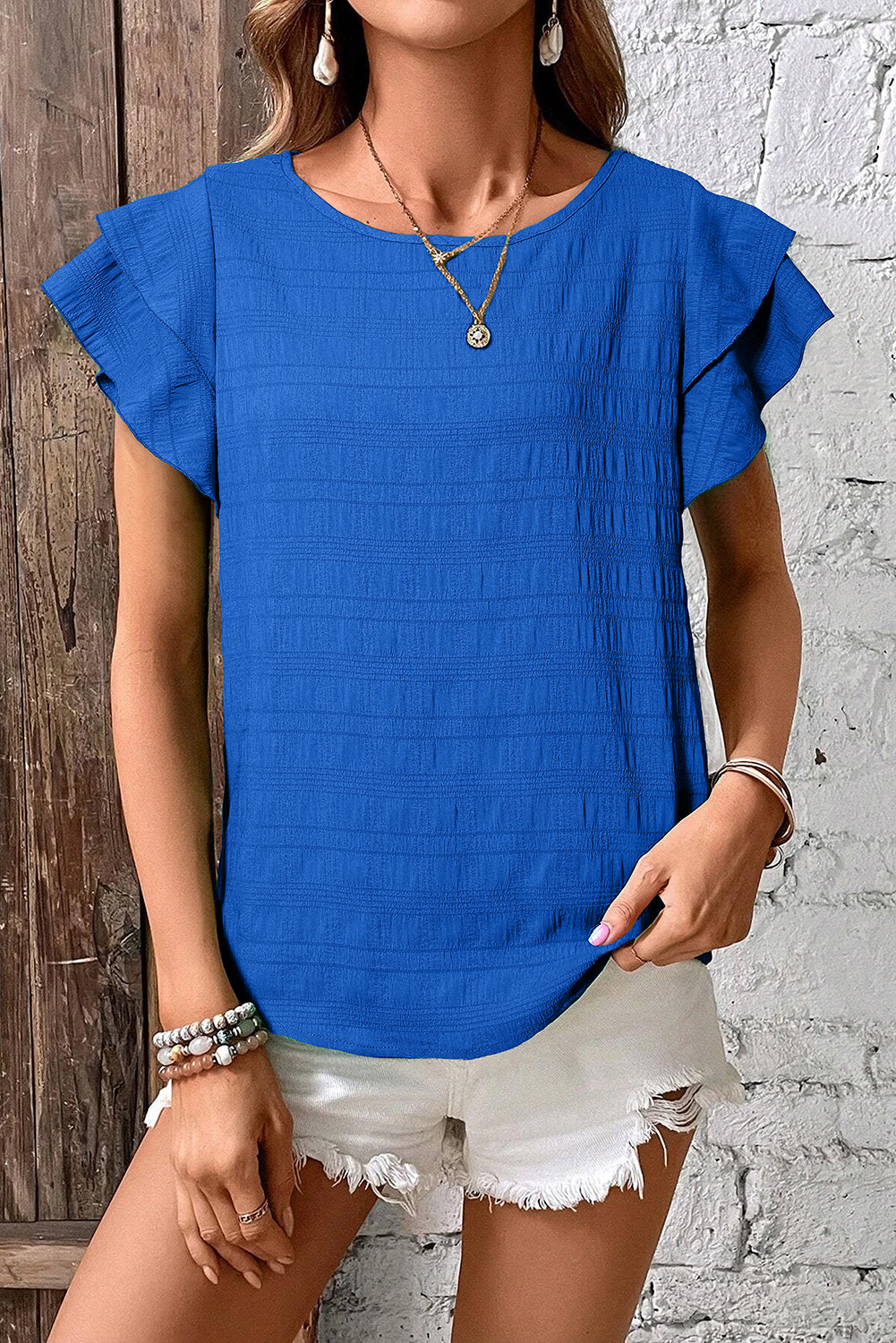 Dark Green Ruffle Sleeve Textured Smocked Blouse