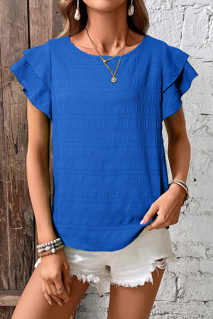 Dark Green Ruffle Sleeve Textured Smocked Blouse