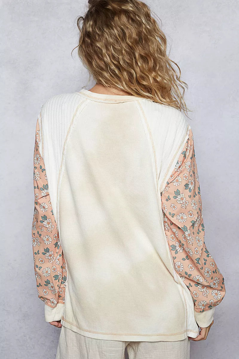 Exposed Seam Star Patch Thermal Top with Floral Sleeves