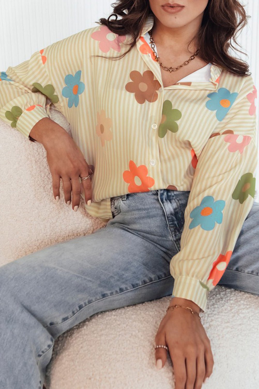 Apricot Stripe Flower Print Collared Button - up Loose Fit Shirt - Loving It Shop