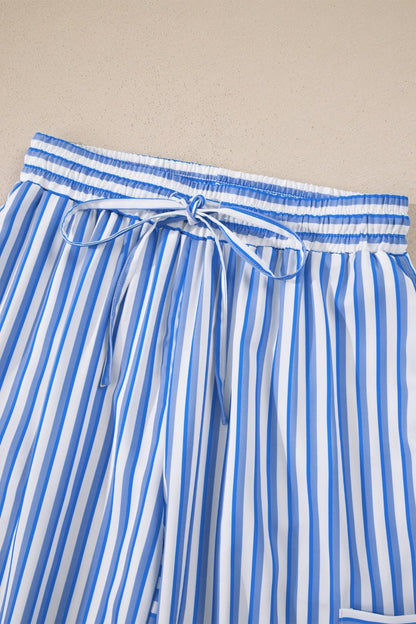 Sky Blue Stripe Drawstring Elastic Waist Patch Pocket Wide Leg Ankle - length Pants - Loving It Shop