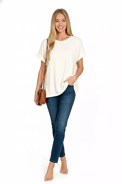 Soft Melange Hacci Short Sleeve Round Neck Top