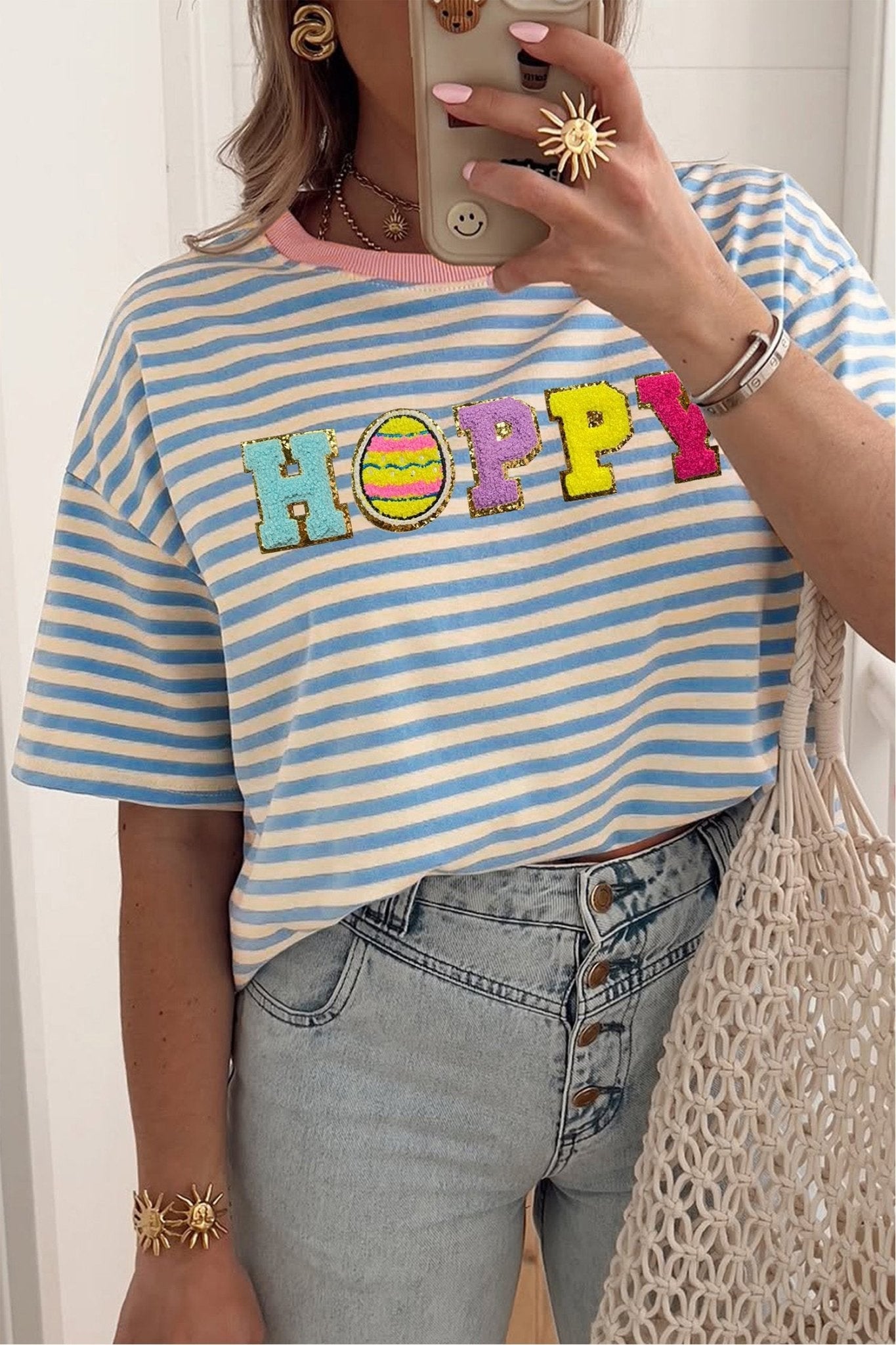 Sky Blue Stripe HOPPY Chenille Patched Graphic Crew Neck Tee - Loving It Shop