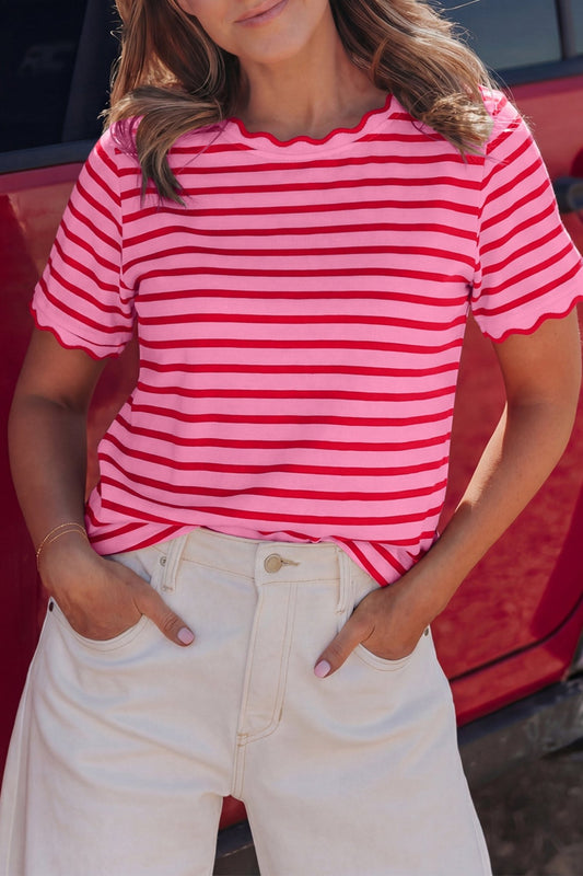 Pink Stripe Scalloped Trim Round Neck T Shirt - Loving It Shop