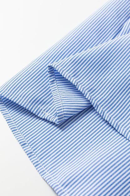 Sky Blue Stripe Shirred Detail Collar V Neck Plus Size Midi Dress