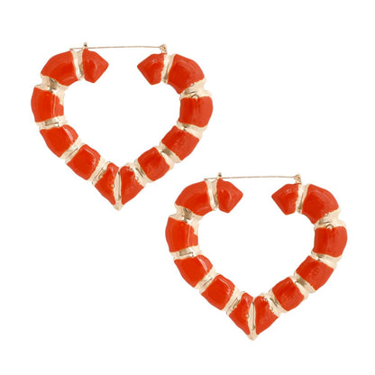 Statement Bamboo Hoop Earrings with Orange Heart Accent