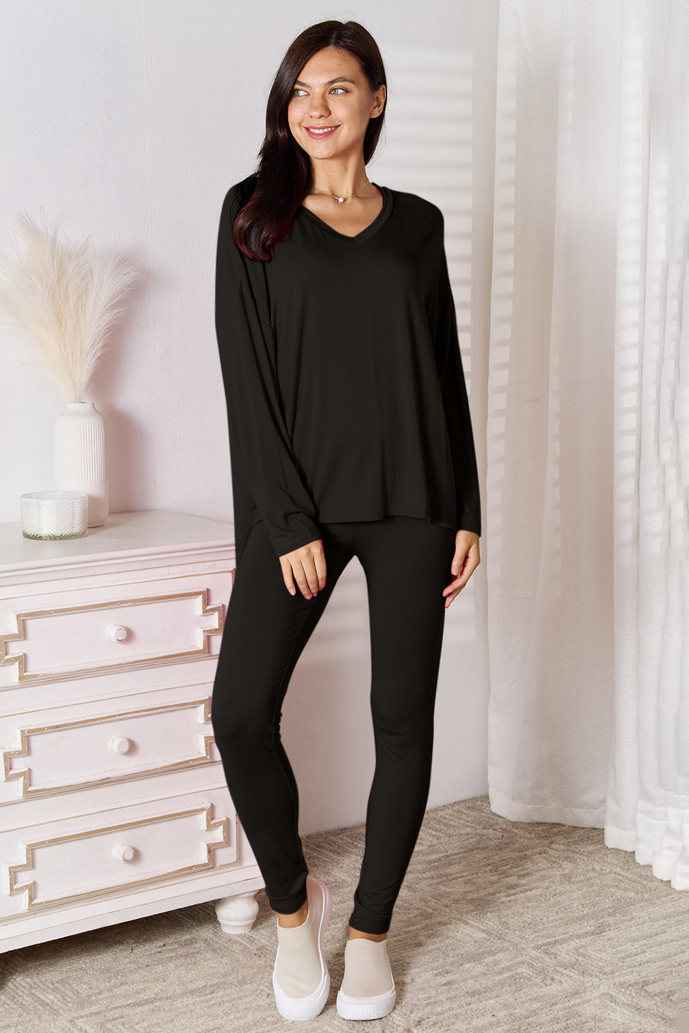 I am a Fashion Junky Full Size V-Neck Soft Rayon Long Sleeve Top and Pants Lounge Set