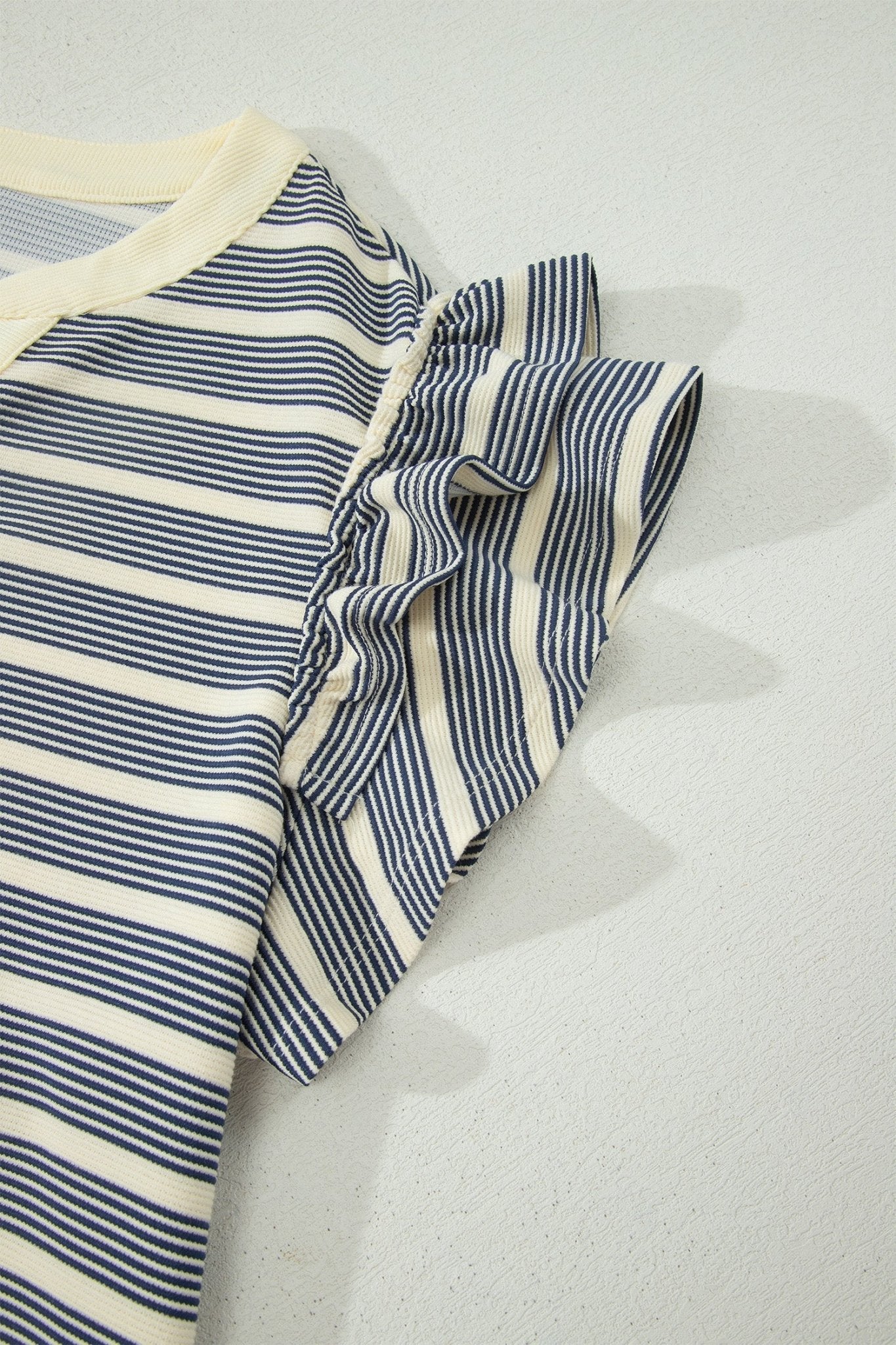 Blue Stripe Plus Size Contrast Trim Button V Neck Ruffle Sleeve Shift Dress - Loving It Shop