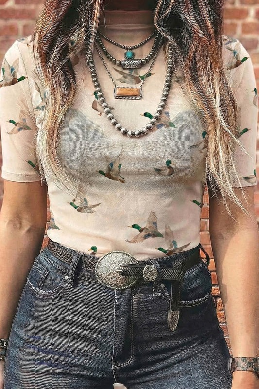Beige Mallard Sheer Mesh Short Sleeve Top - Loving It Shop