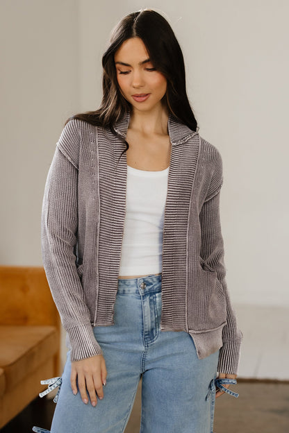 Dark Brown Mineral Wash Exposed Seam Patchwork Knit Open Sweater Cardigan