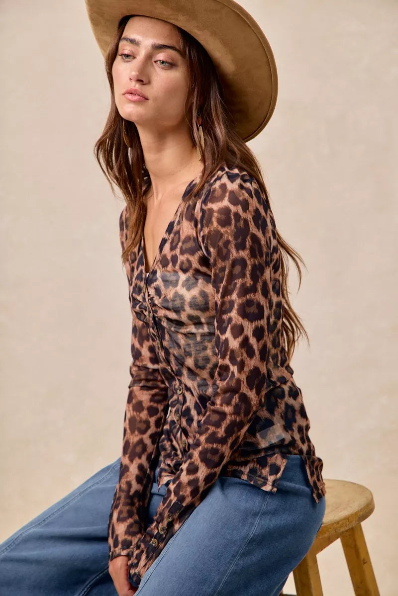 Leopard Printed Mesh Shirt With Button Up V Neck