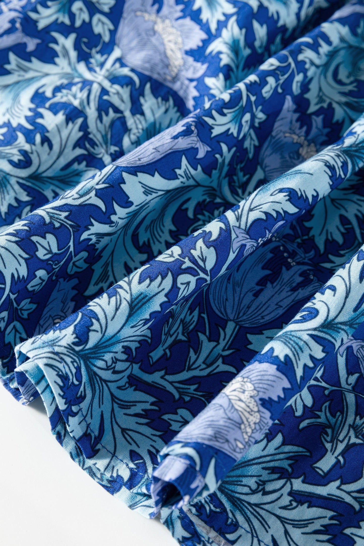 Sky Blue Floral Printed Frilled V Neck Bracelet Sleeve Long Dress