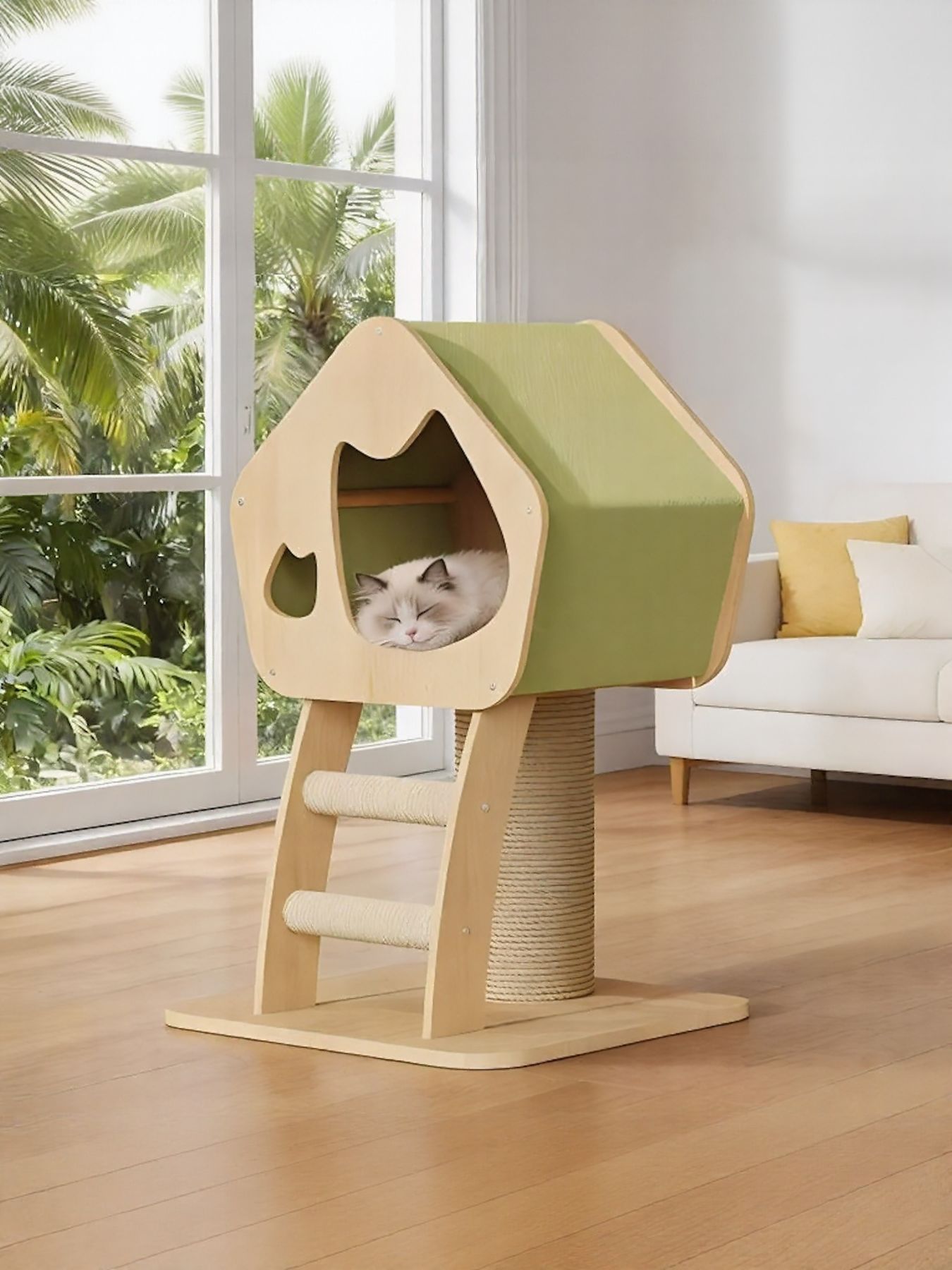 Modern Wooden Cat Condo with Scratching Post - Loving It Shop