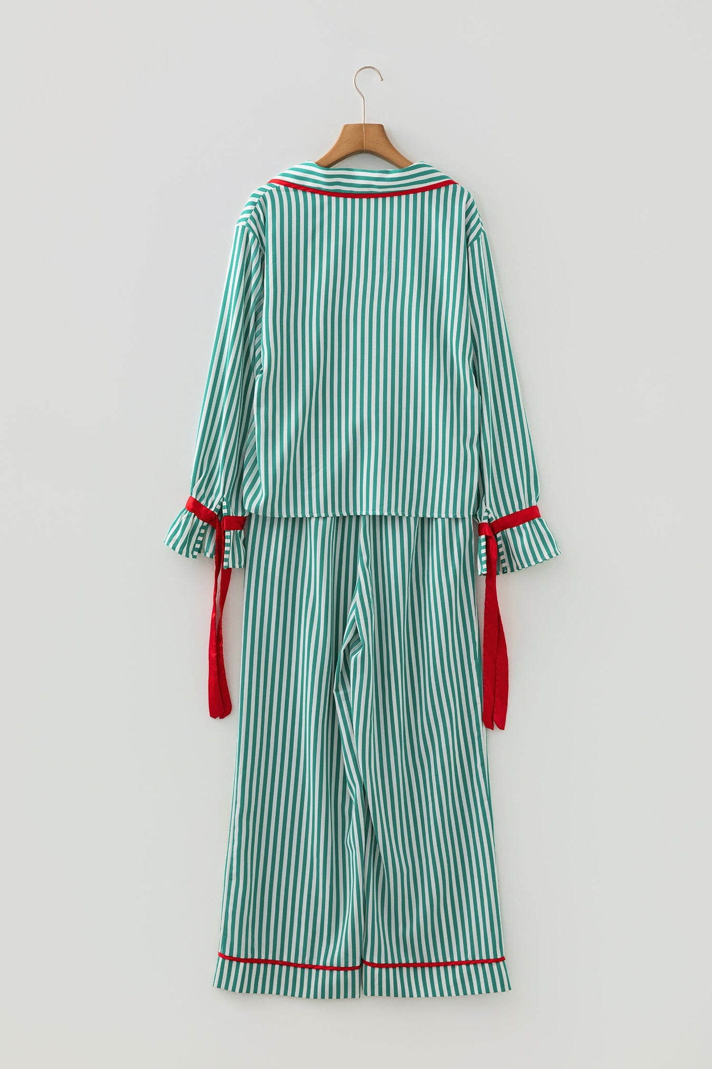 Green Stripe Contrast Velvet Trim Bow Knot Waist 2pcs Pajama Set