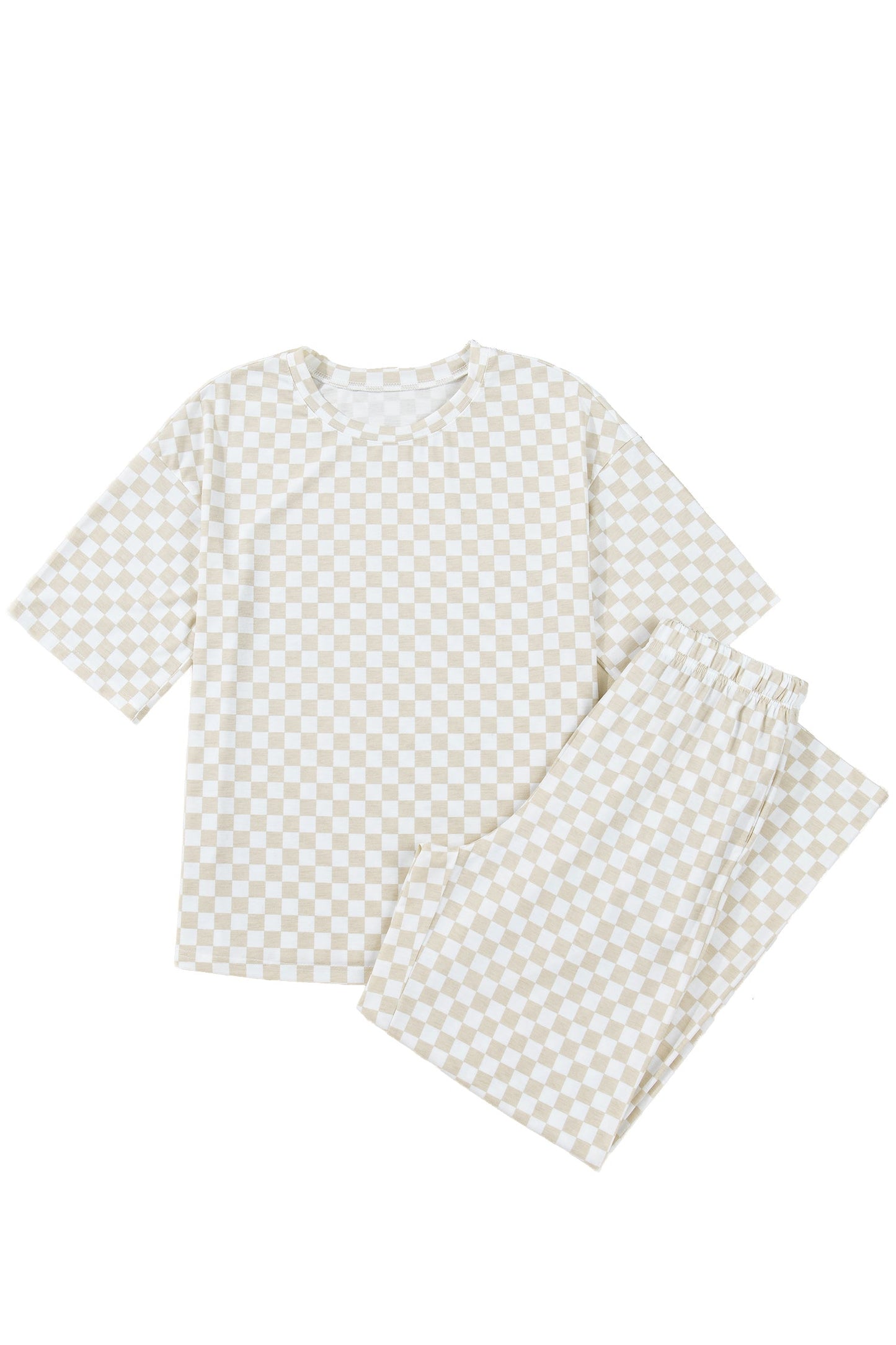 Khaki Checkered Print Half Sleeve Tee 2pcs Lounge Pant Set