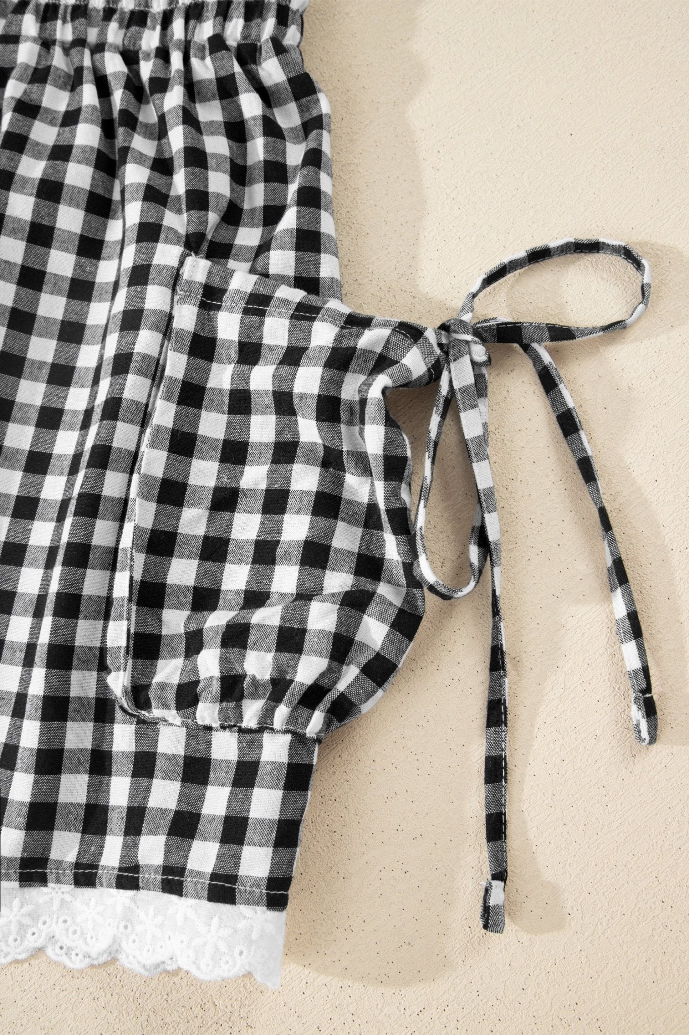 Black Gingham Lace Trim Shorts with Pouch Pockets - Loving It Shop