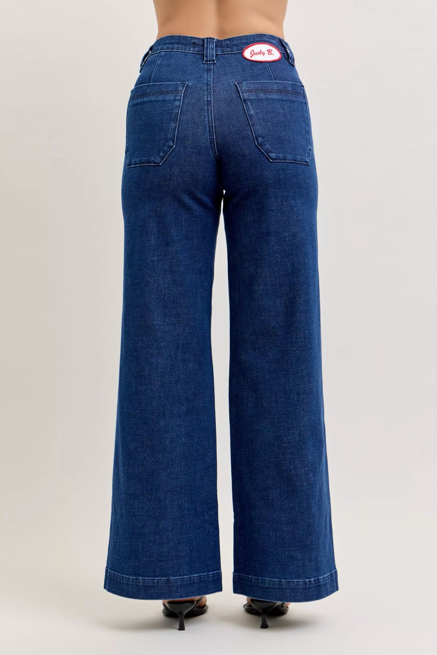 High-Waisted Retro Wide Jeans with Patch Pkts & Twisted Seams