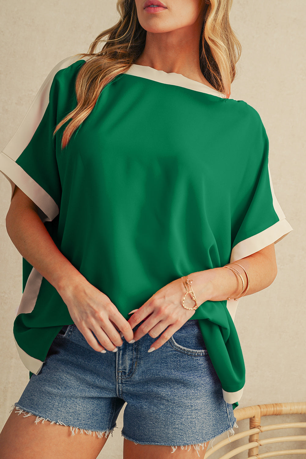 Rose Color Block Boat Neck Tunic Blouse