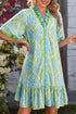 Sky Blue Botanical Floral Print Frilled Trim V Neck Button Front Loose Dress - Loving It Shop