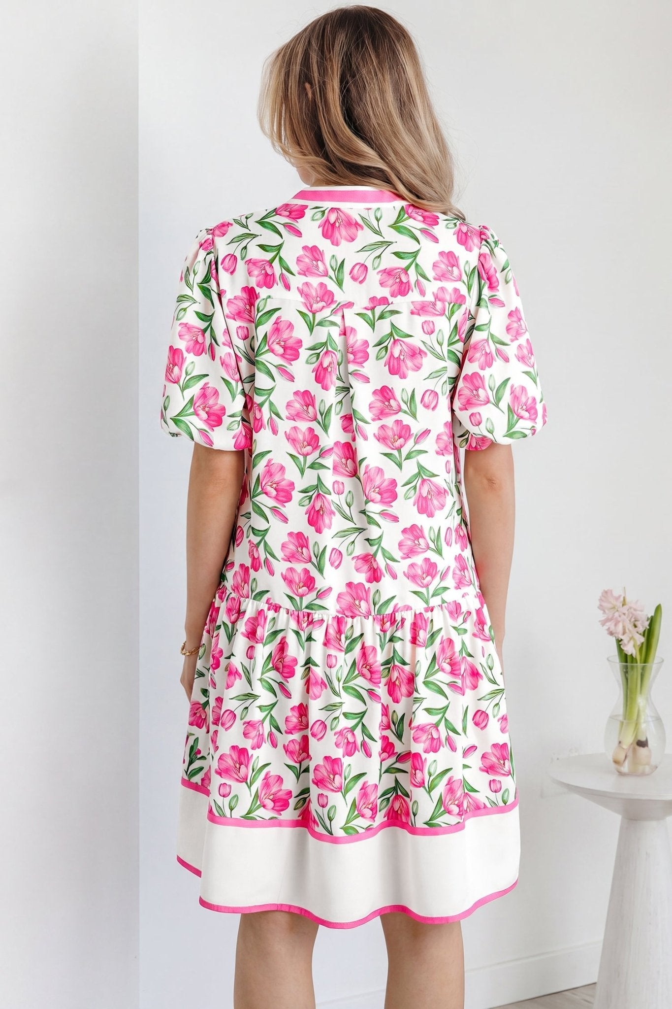 Multicolour Sweet Floral Print Striped Color Block Trim Short Dress - Loving It Shop