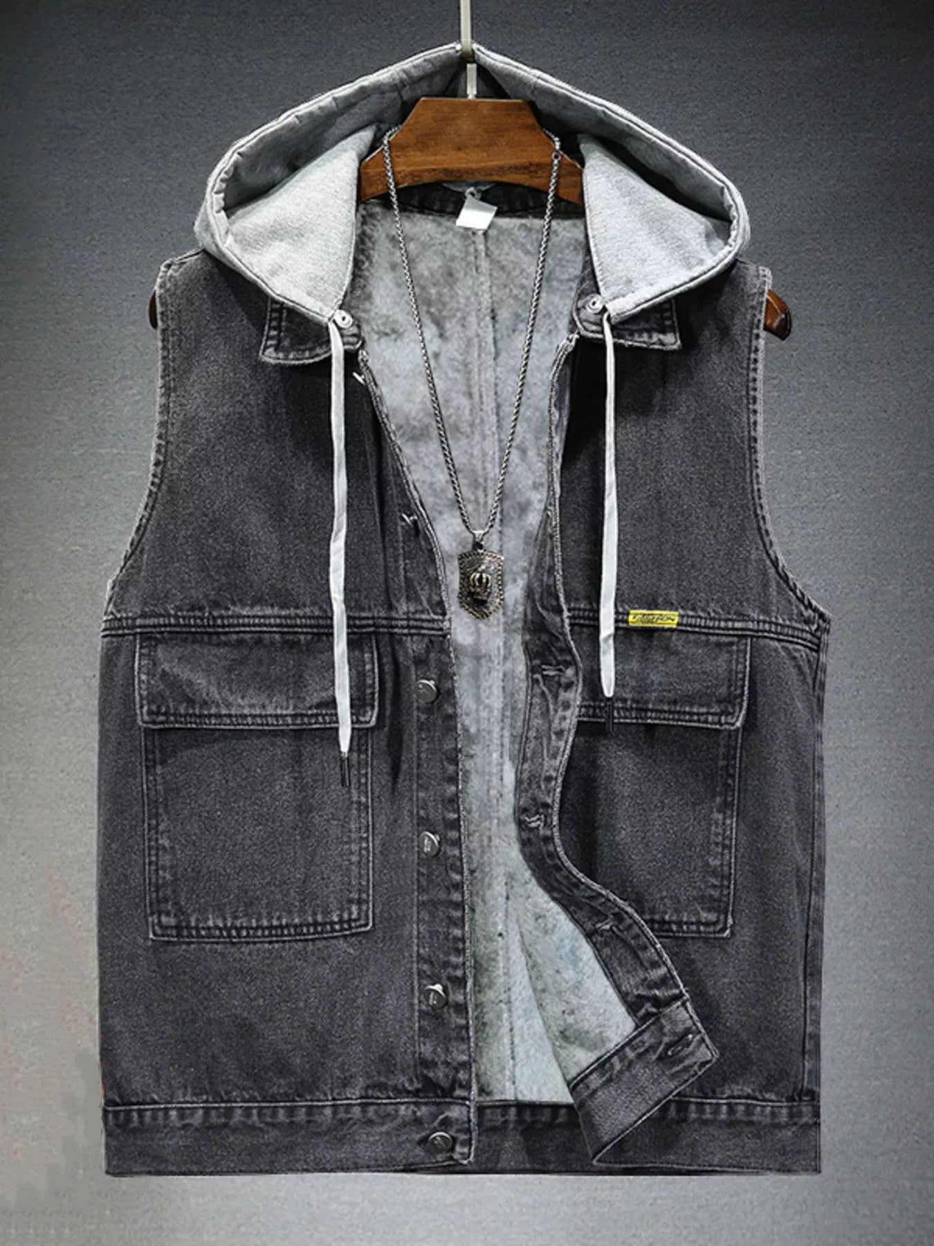 Men's Plus Size Hooded Denim Vest with Fleece Lining