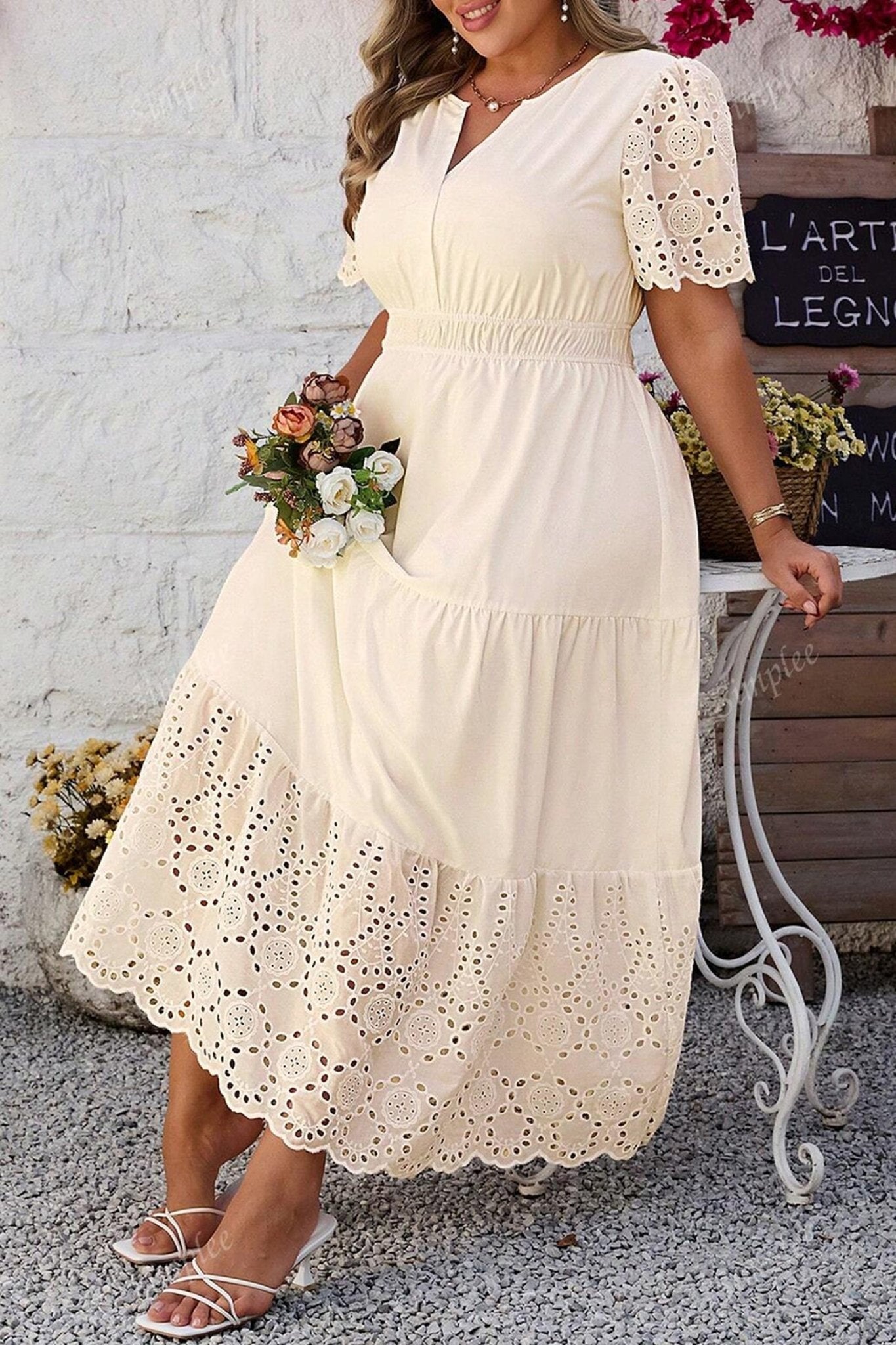 Apricot Plus Size V Neck Lacy Embroidery Patchwork Short Sleeve Maxi Dress - Loving It Shop