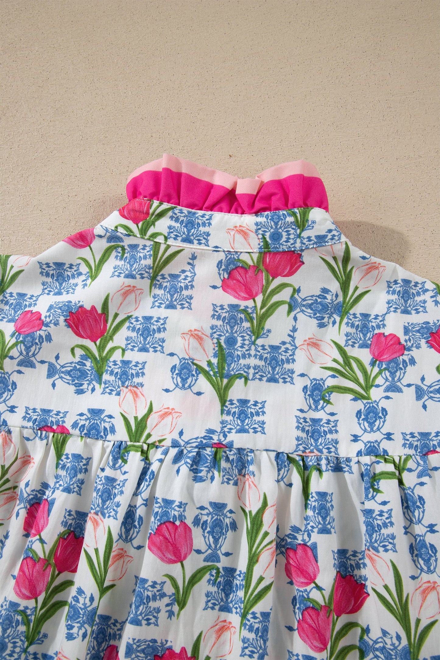 Rose Floral Print Color Block Striped Trim Flutter Sleeve Half Button Blouse