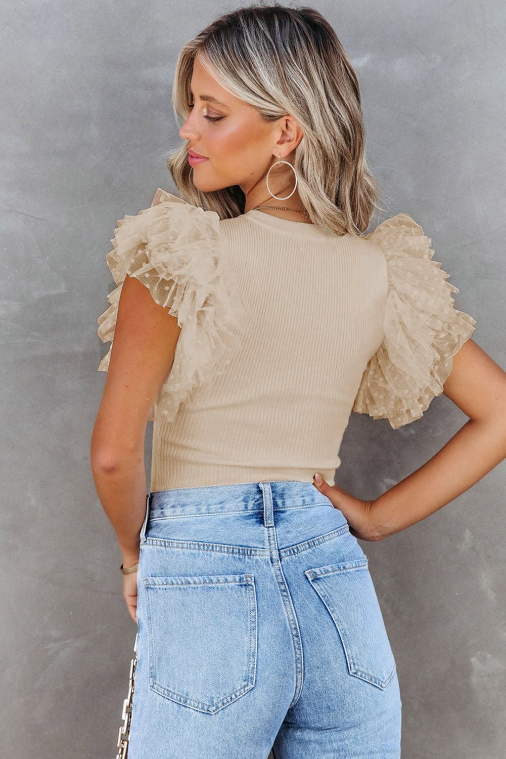 Apricot Dotty Mesh Ruffle Sleeve Ribbed Knit Top - Loving It Shop