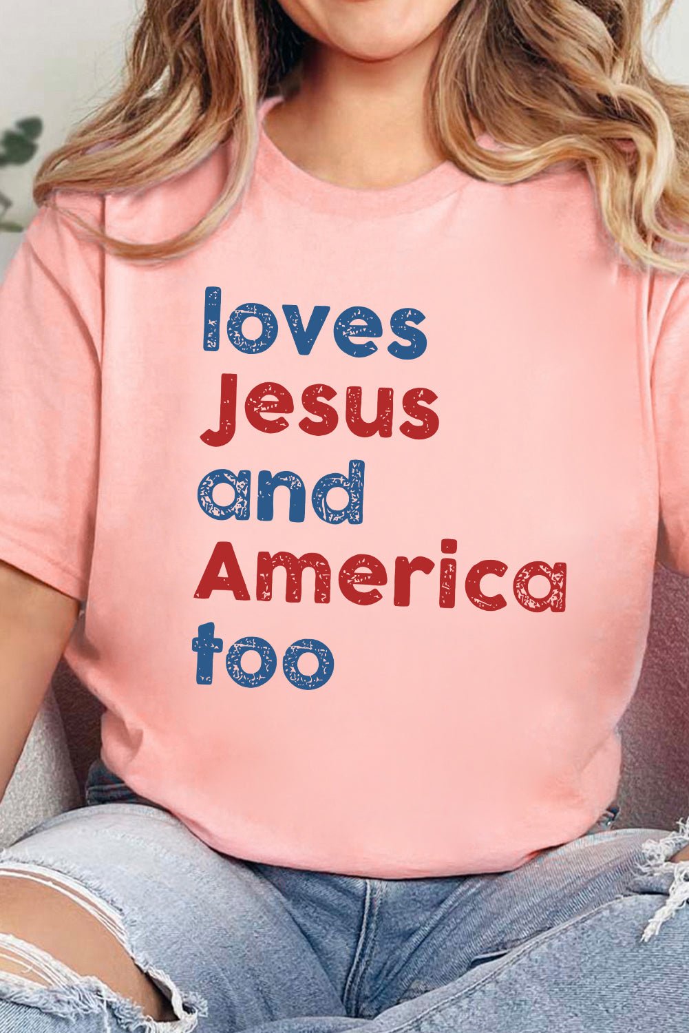 Pink loves Jesus and America too Vintage Letter Graphic Tee - Loving It Shop