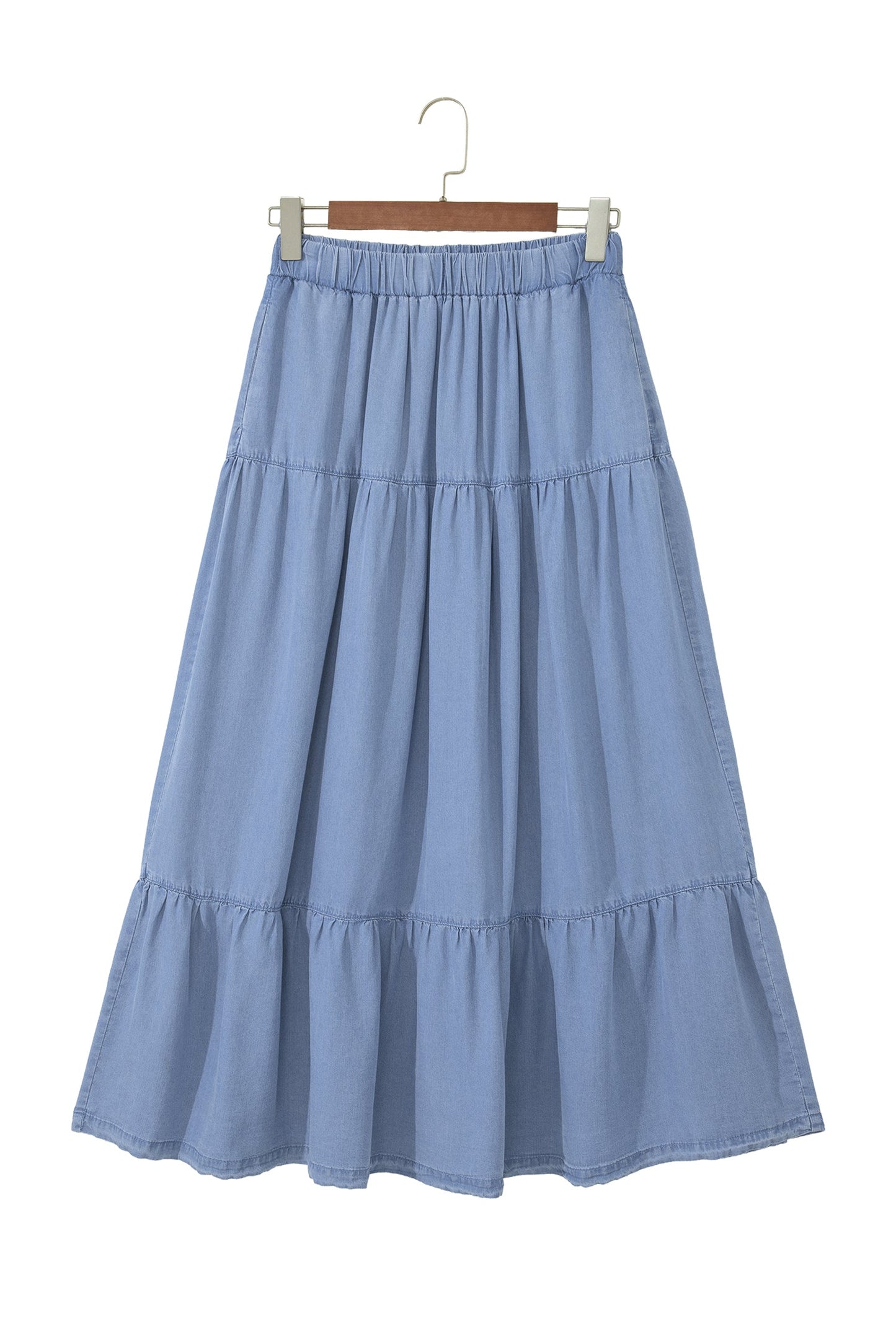 Beau Blue Elastic Waist Ruffled Tiered Flared Denim Maxi Skirt