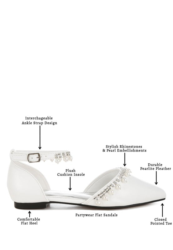 Aouva Rhinestone & Pearl Ankle Strap Flat Sandals