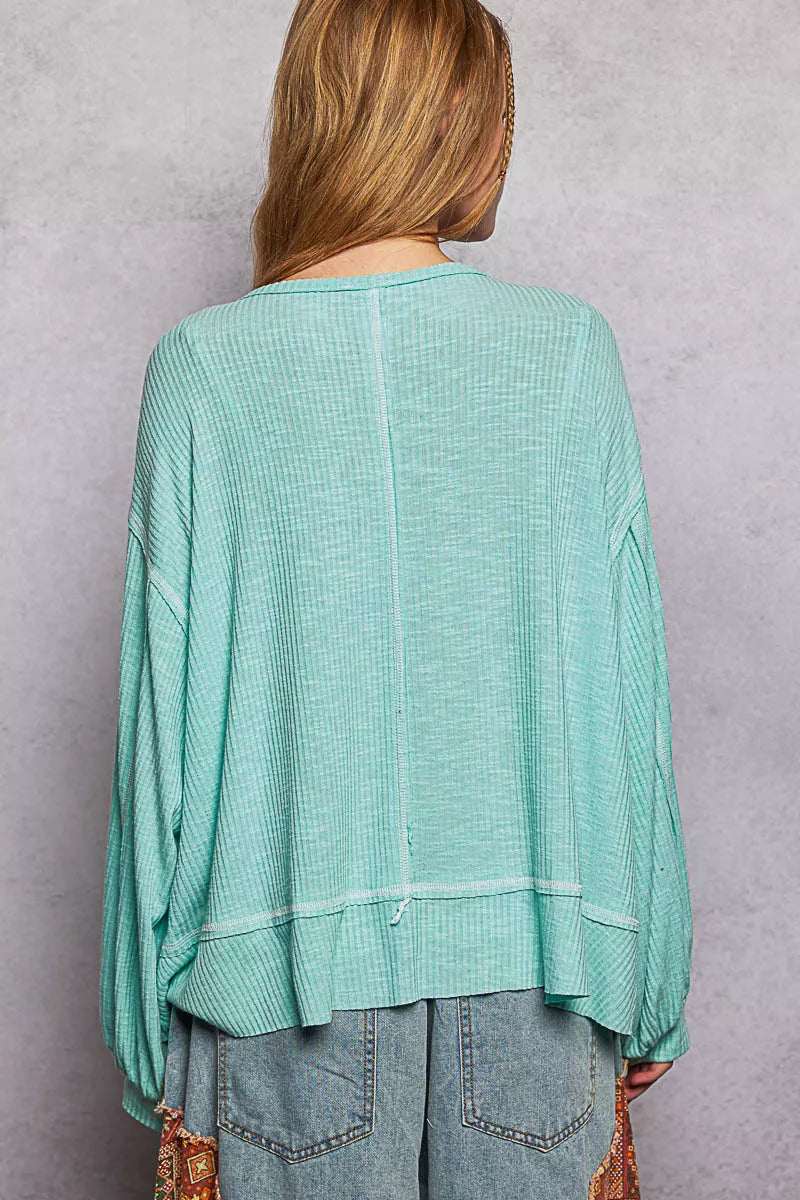 Round Neck Long Sleeve Exposed Seam Top with Chest Pocket
