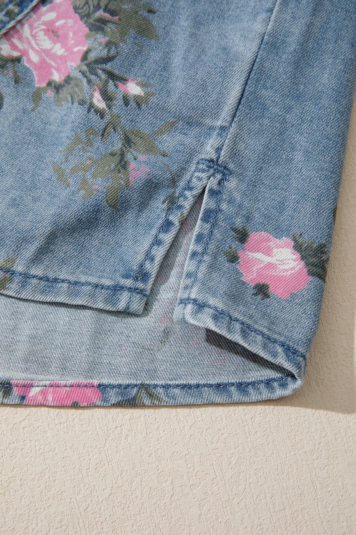 Blue Bracelet Sleeve Floral Denim Shirt - Loving It Shop