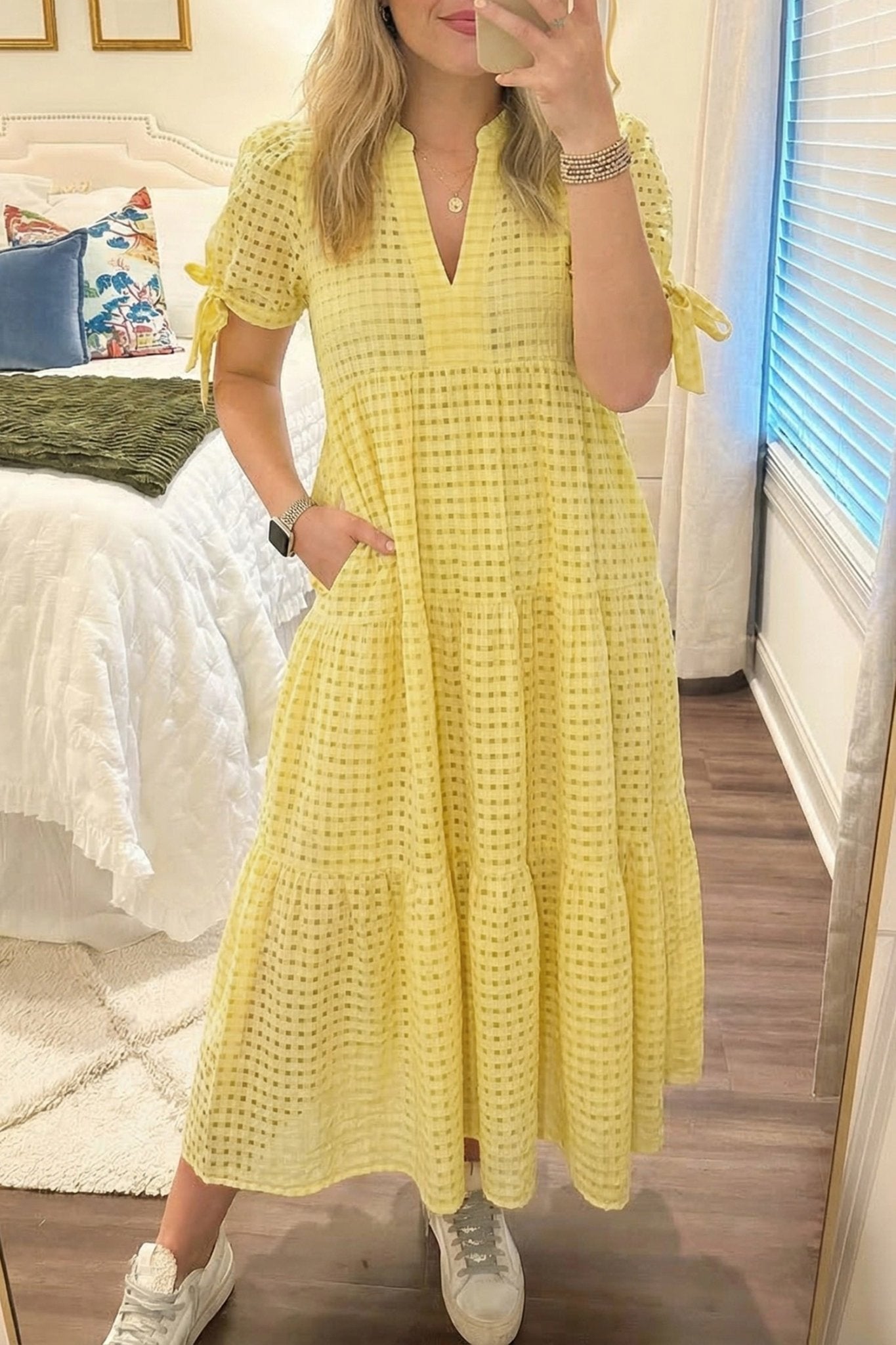 Yellow Gingham Textured Bow Tie Short Sleeve Tiered Midi Dress - Loving It Shop