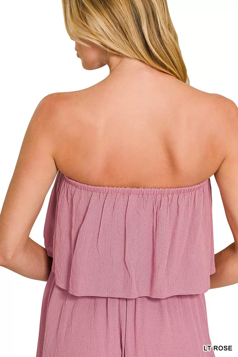 Woven Crinkle Strapless Rompers
