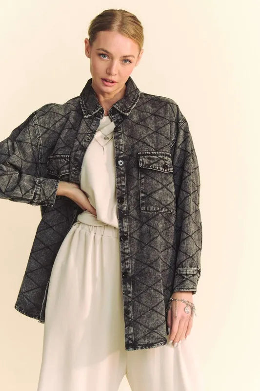 Davi &amp; Dani Curved Hem Diamond Quilted Button Up Denim Shacket