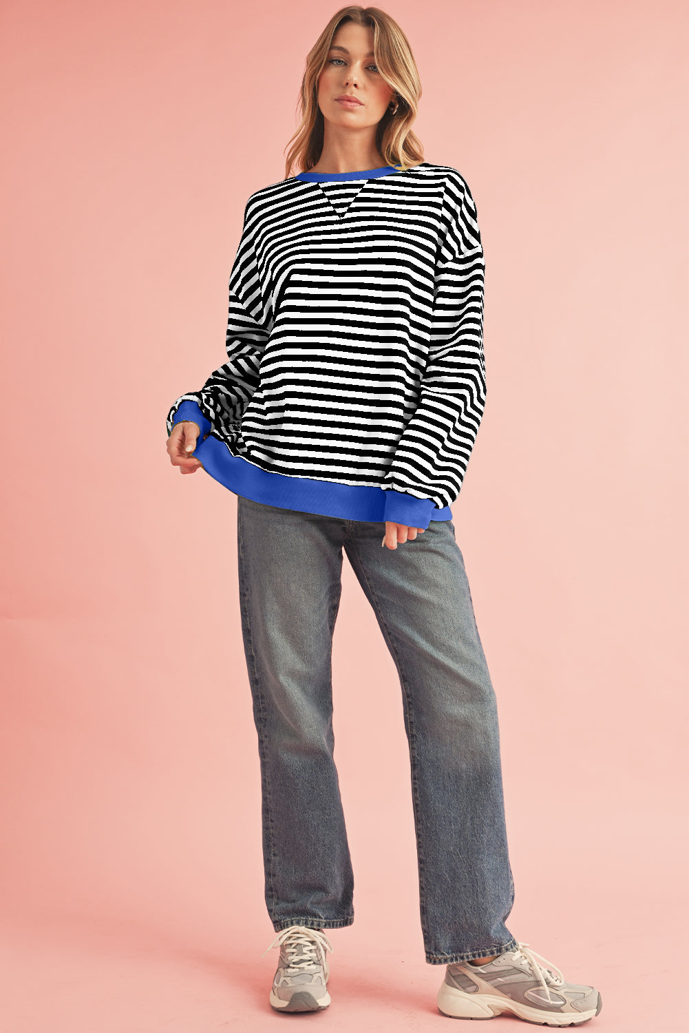 Black Stripe Contrast Edge Cross Seam Oversized Sweatshirt