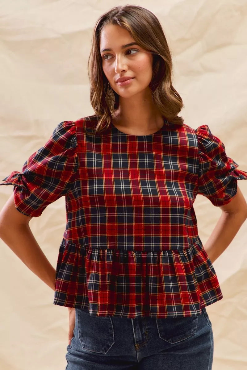 Christmas Holiday Plaid Ribbon Short Sleeves Top